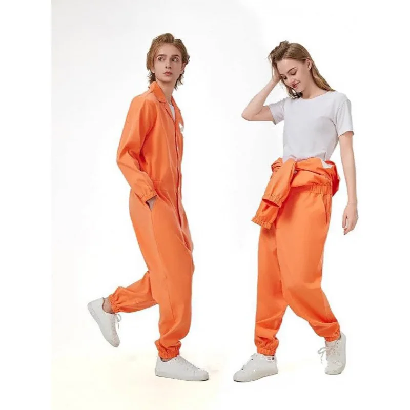 زي قنيمة الكبار زي سجين الهالوين التأثيري بذلة طية صدر السترة بأكمام طويلة قطعة واحدة زي Unitard للرجال باللون البرتقالي للسجن