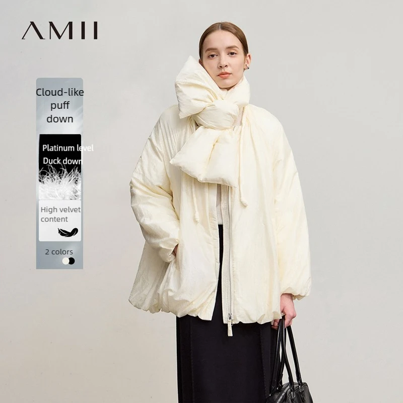AMII Down Coats 2025 Winter New Warm Casual O-Neck Long Sleeves Solid Color Down Jackets Woman Zipper Loose Jacket Top 12554030