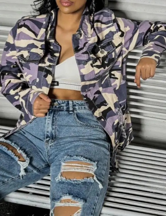 

Spring Women's Denim Camouflage Jacket Loose Fit Long Sleeve Casual Style for Teens And plus Size