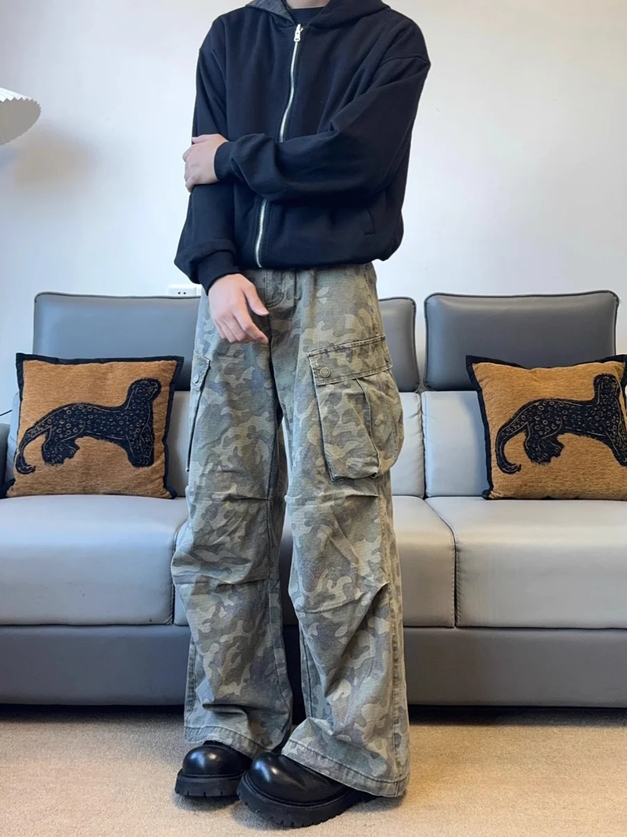 

American Retro Pleated Multi-ket Camouflage Straight Leg Work Trousers ex Loose Wide Leg Casual Long Trousers