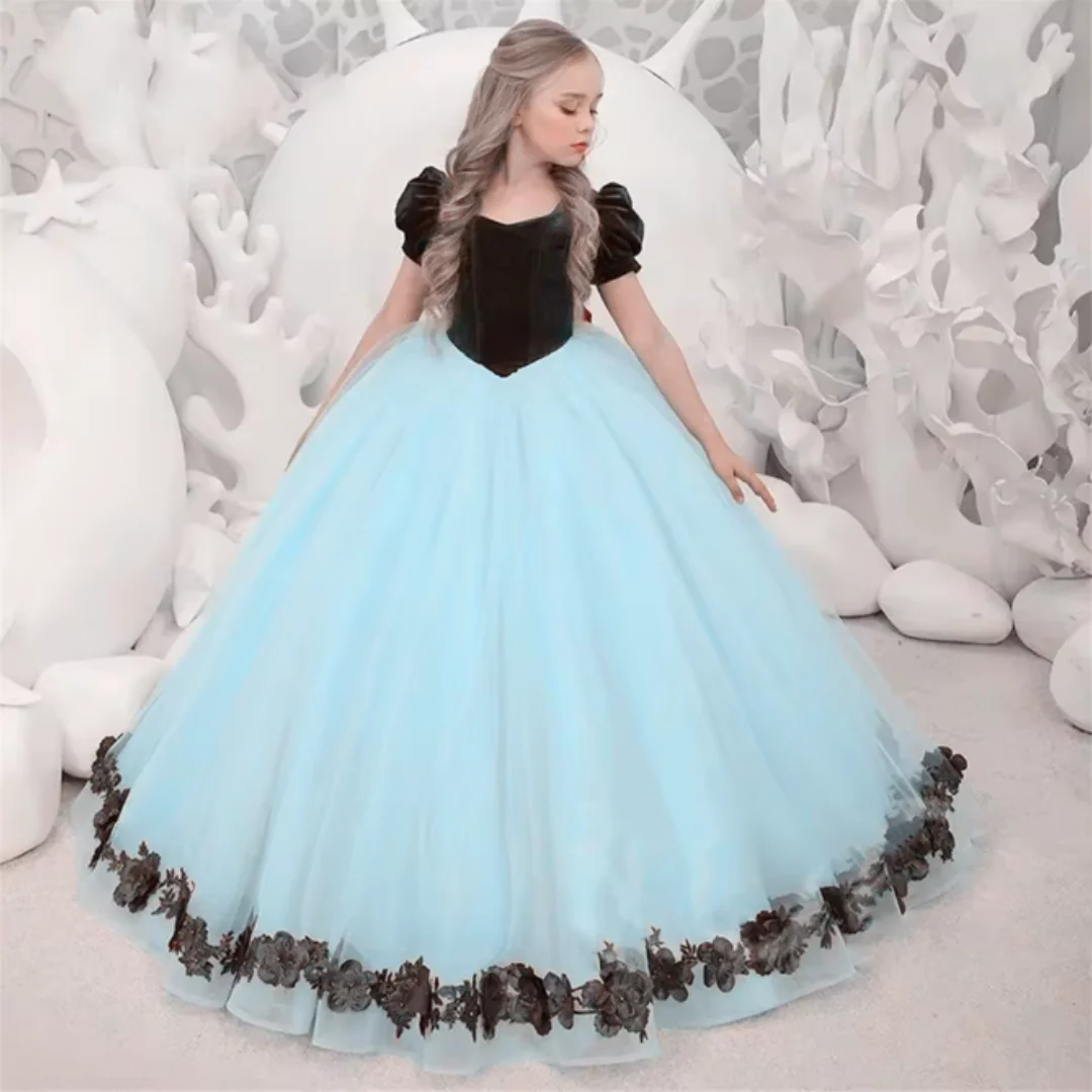 Gorgeous Little Princess Flower Girl Dress Two-Tone Patchwork with Red Bow Children's Birthday Party Ball Gown