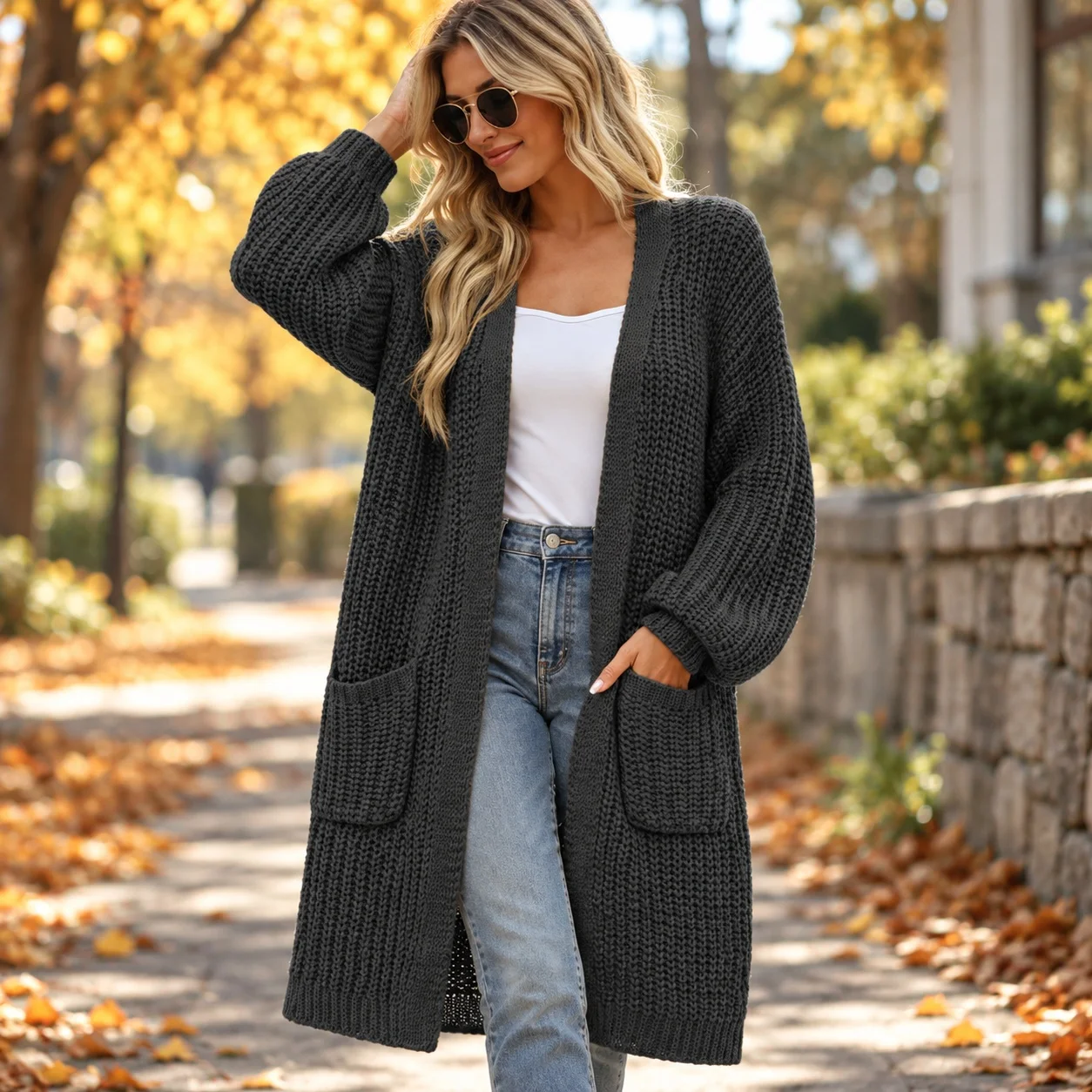 Pocket Loose Fit Sweater European and American Style with Long Sleeve V Neck Medium Weight Long Length Cardigan for Women