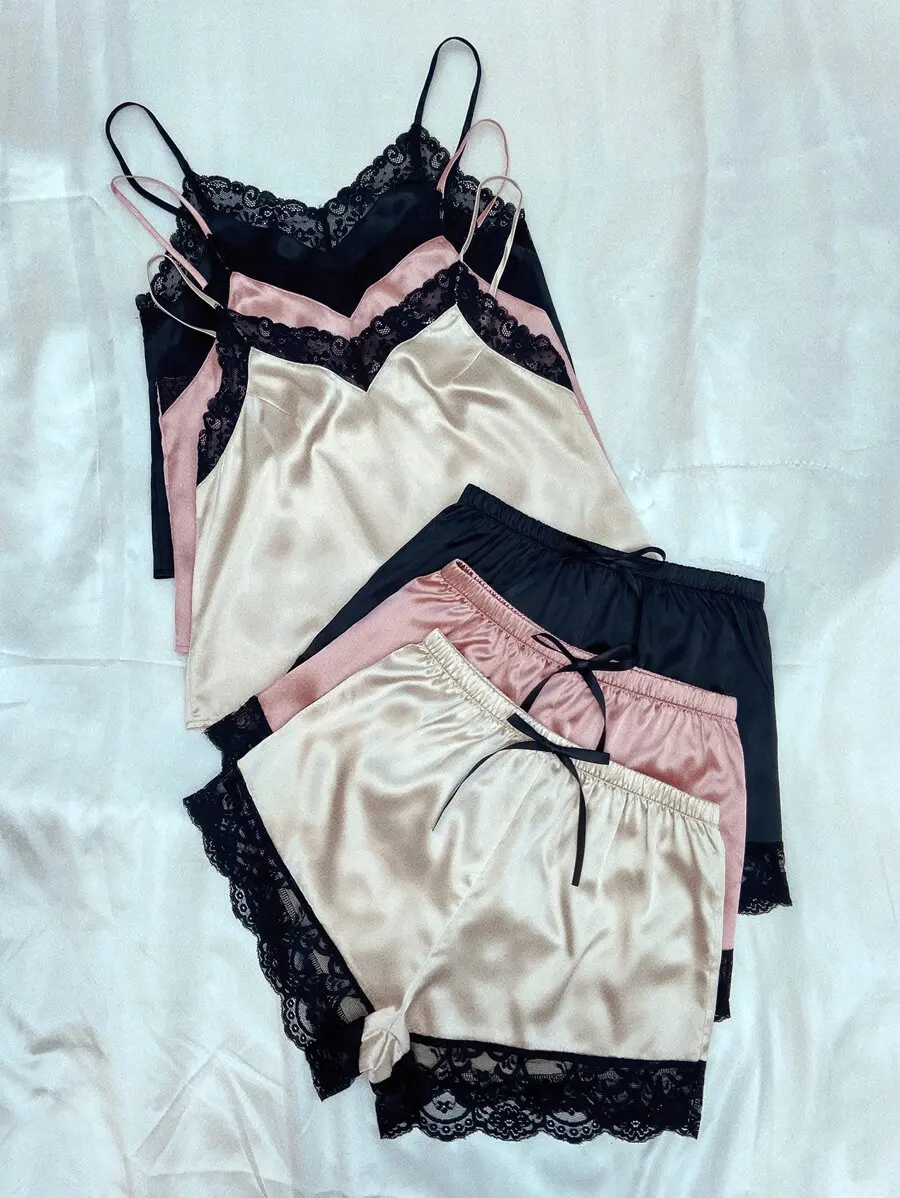 

3 Sets Lace Trim Satin Cami Top And Shorts Pajama Set For Women