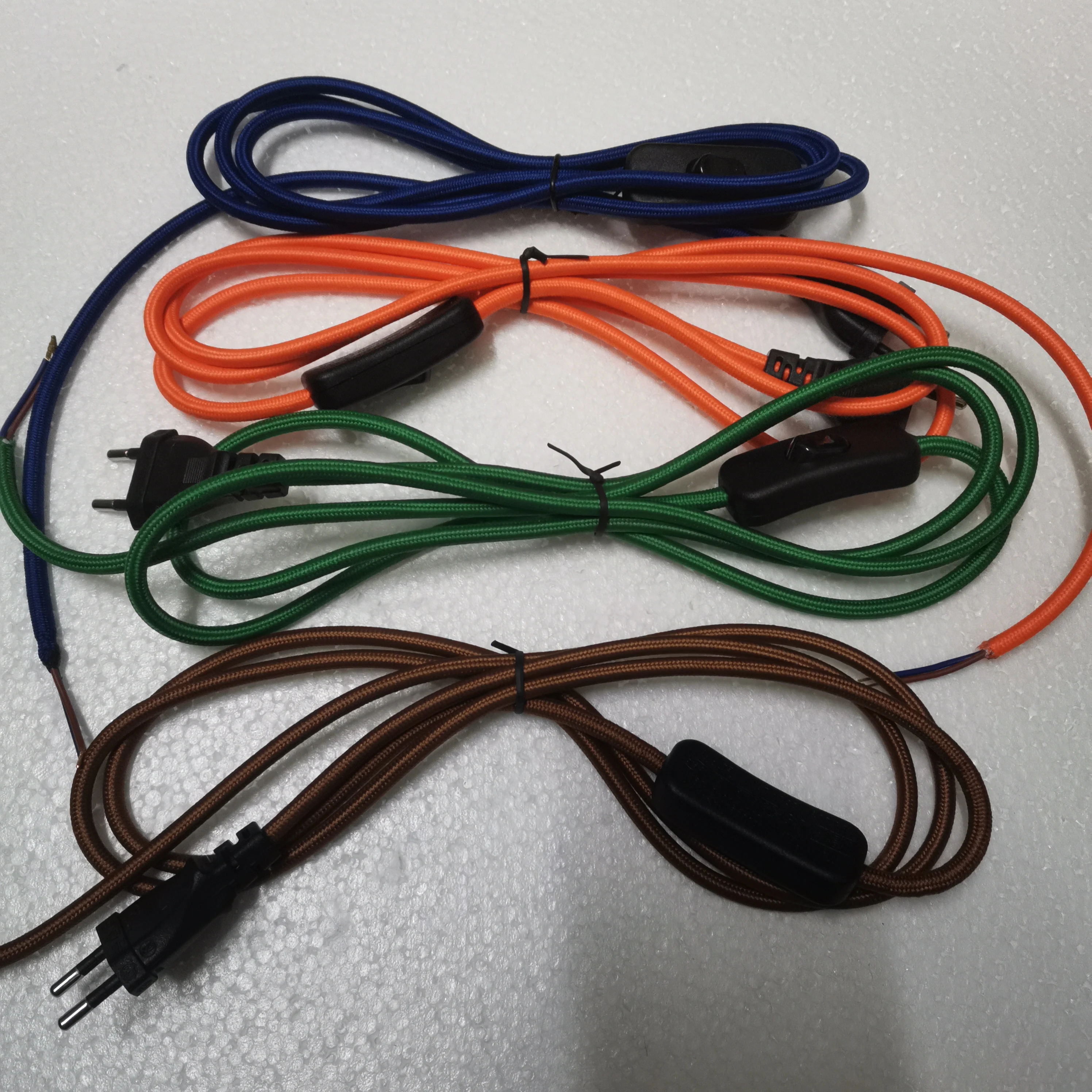 220V AC Power Cord With European Plug Inline Switch Textile Braided Covered Wire Cable 2 Meters
