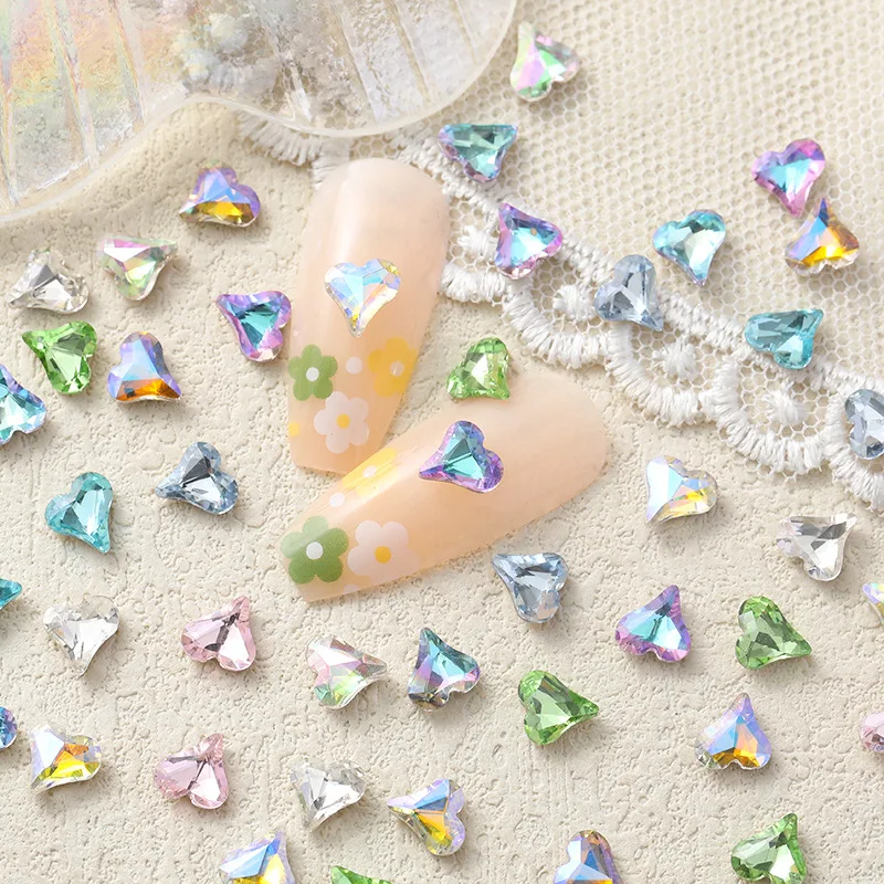 50pcs 6x7mm Hot selling pointed bottom color crooked peach heart mixed color white moonlight nail enhancement diamond