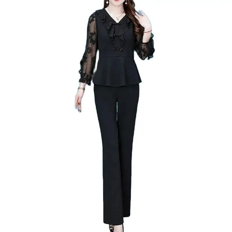 Fashion Sets Women 2024 NEW Spring Autumn V-Neck Patchwork Mesh Long Sleeve Top And Pants 2 Piece Suit Female Black Pants Outfit