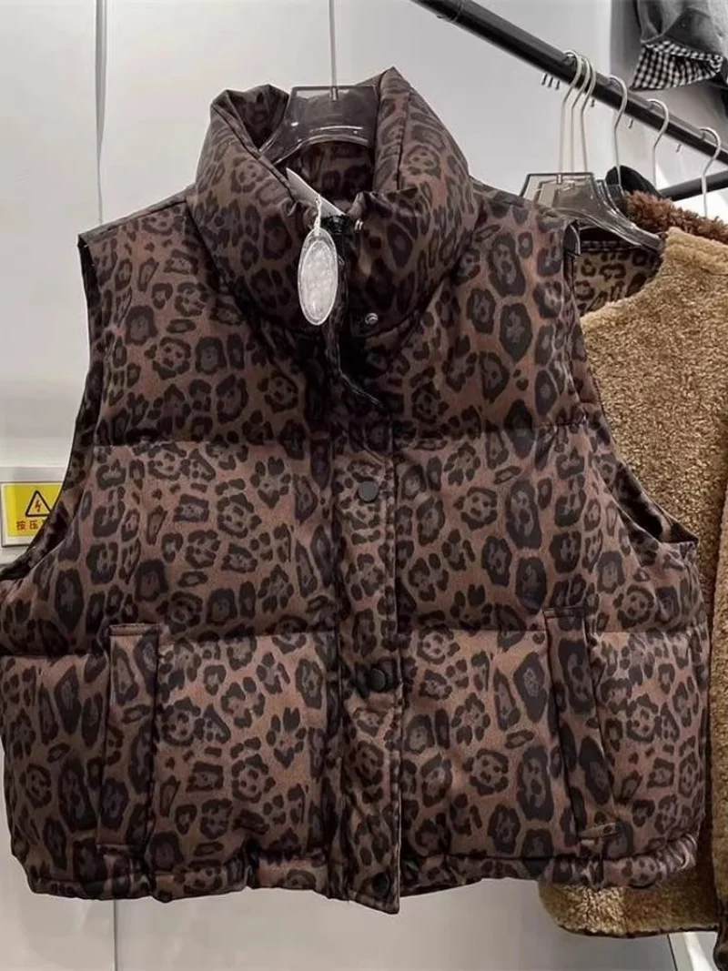 

Korean Streetwear Leopard Print Cotton Vest, Women's New Autumn And Winter Short Style Stand Up Collar Large Size Jacket W1793