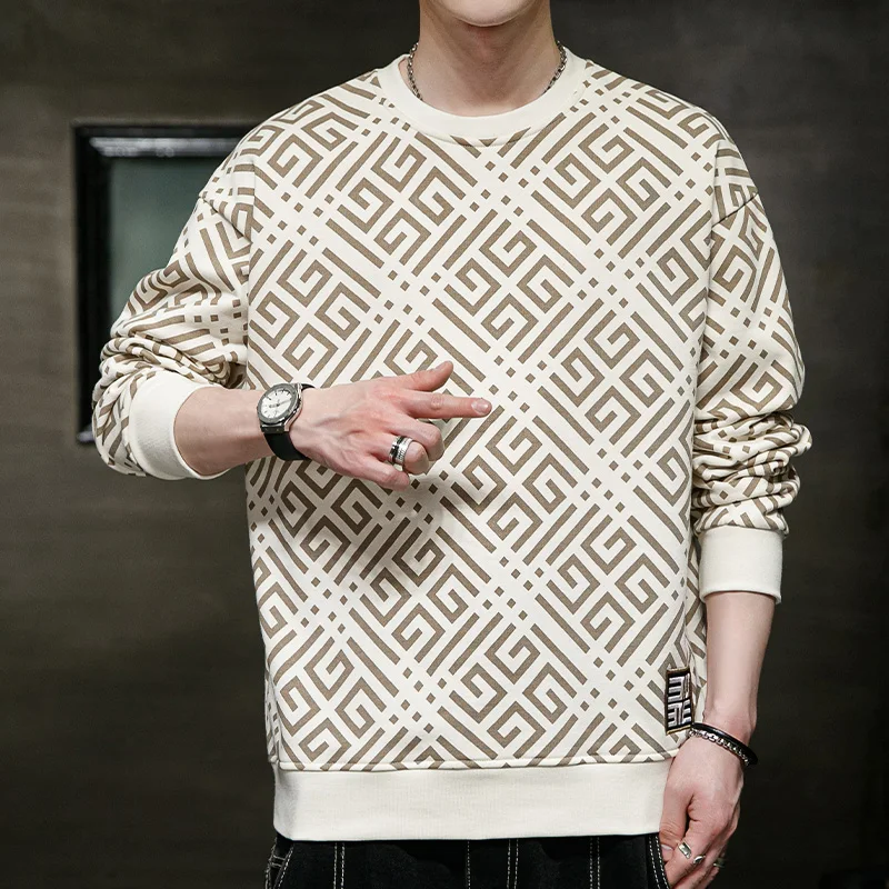 Spring Autumn Men's Solid Round Neck Geometric Graphic Printed Lantern Long Sleeve Sports Loose Hoodies T-shirt Fashion Tops