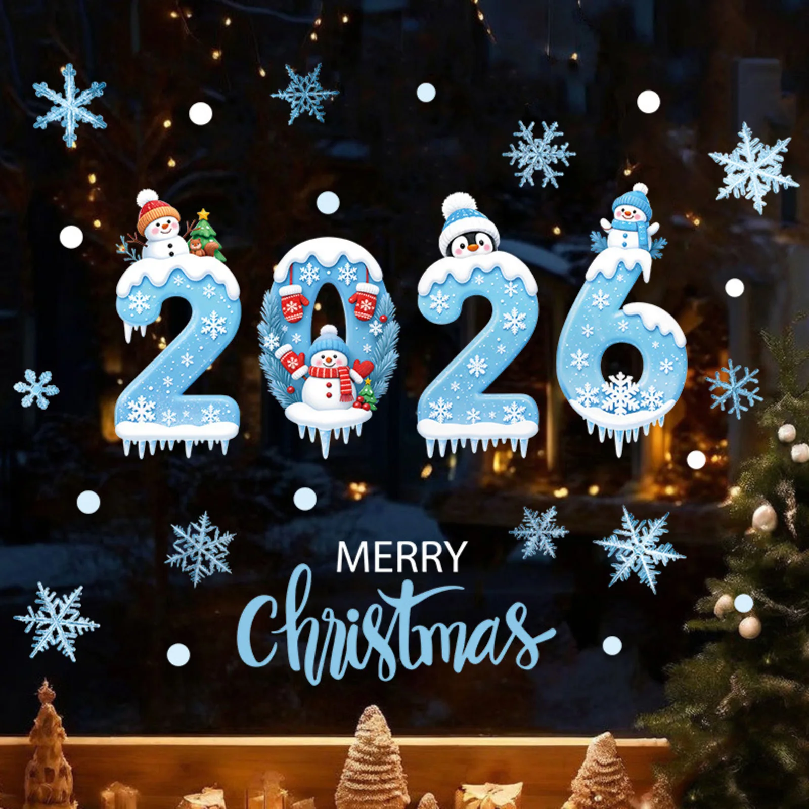 جديد 2026 عيد الميلاد ملصقات نافذة الأزرق عيد الميلاد ثلج الثلج الزجاج ملصقات الشتاء ملصقات ديكور المنزل الطرف