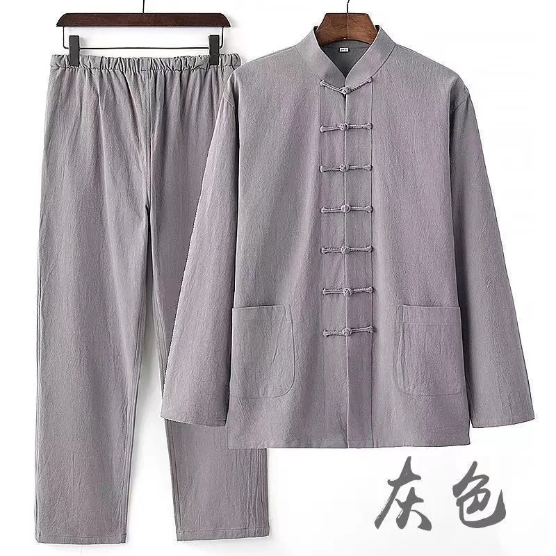 Men Chinese Traditional Set Man Autumn Buckle Kung Fu Shirt Retro Top +Pants Tai Chi Breathable Uniforms Hanfu Sets