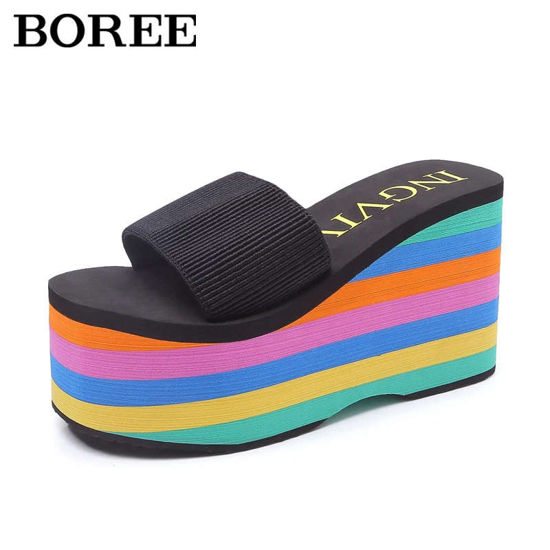 Summer Wedge Slippers Women Platform Sandals Rainbow Beach Flip Flops Home Slippers Open Toe 9cm High Heels Women Shoes Casual