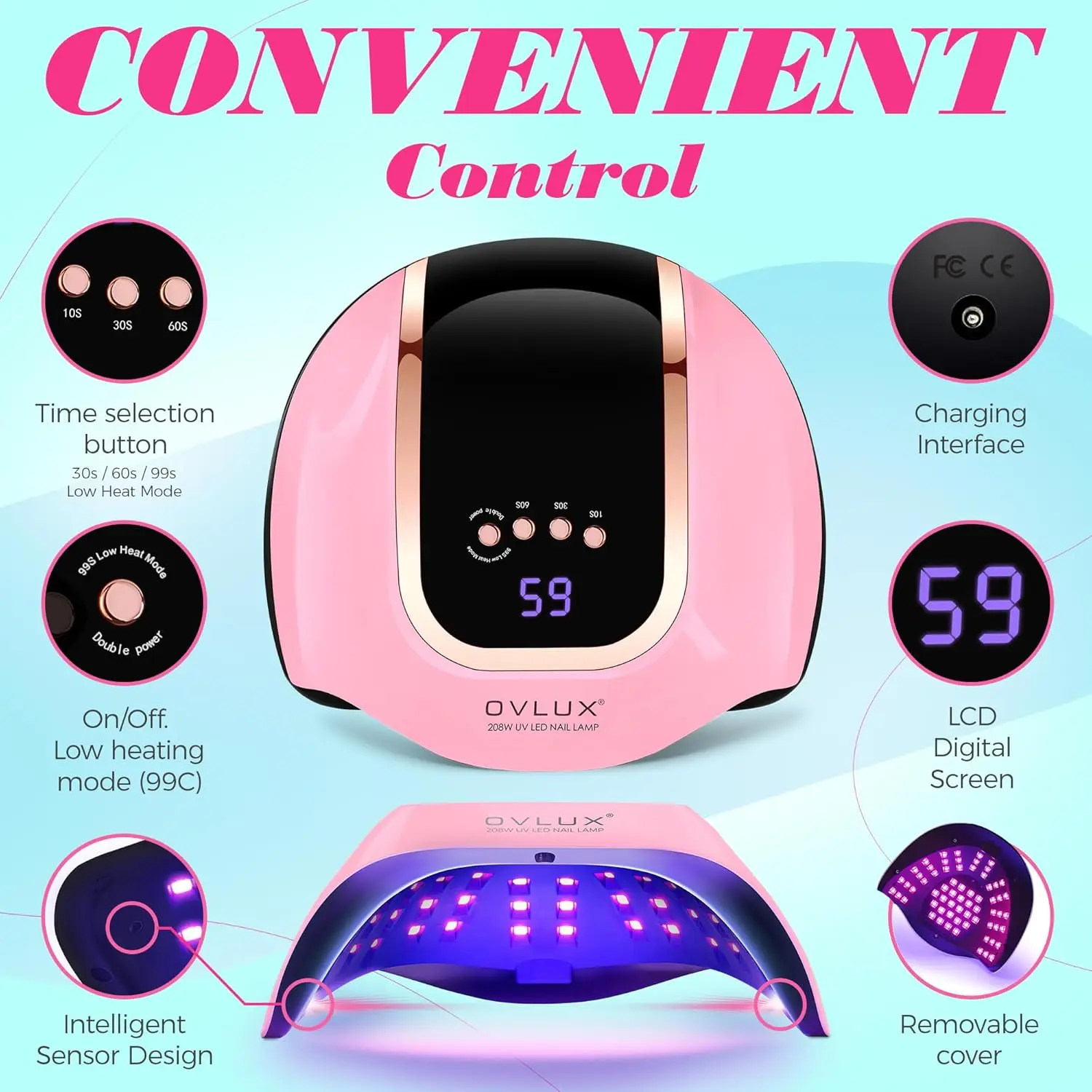 UV LEDネイルランプ 208W 66個のビーズ搭載 - プロ仕様の速乾ネイルドライヤー