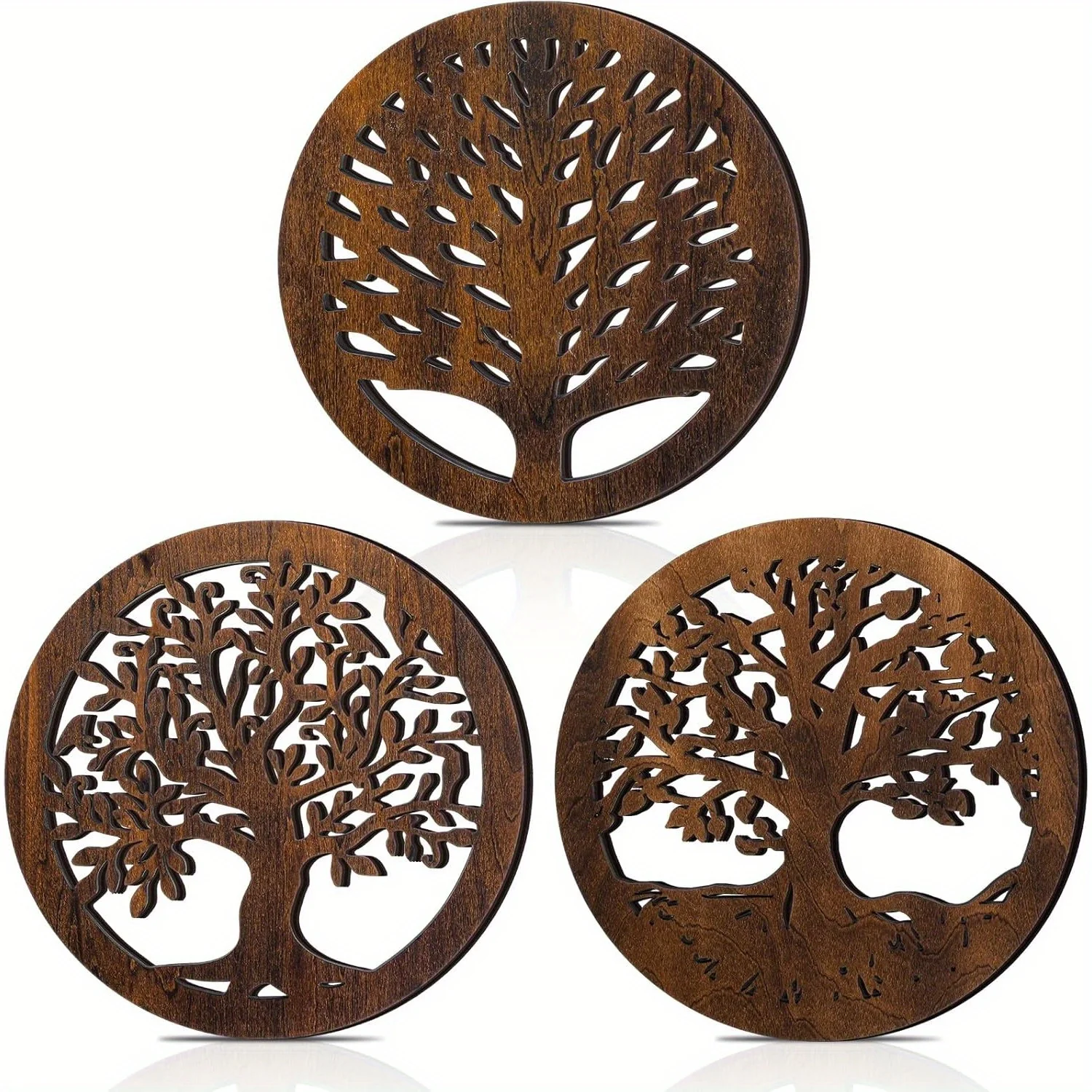 3pcs Wooden Tripods Featuring The Tree of Life Design, Each Measuring 6.9 Inches.Heat-Resistant Trays And Are Ideal for Kitchens