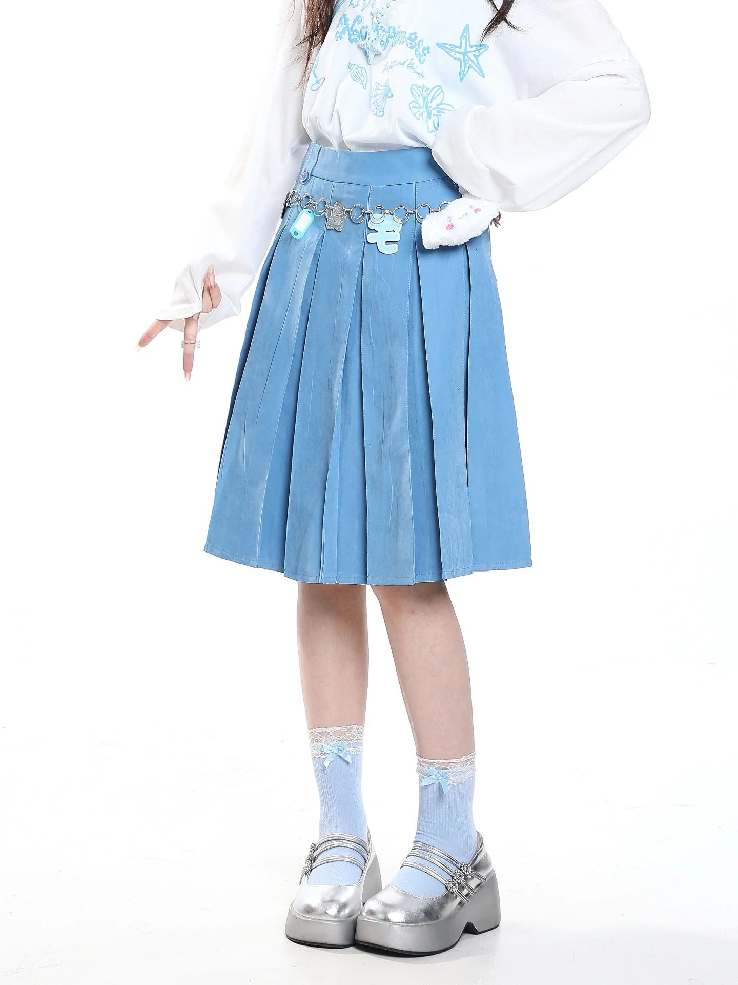 High Waist A-Line  Skirt for Women Sweet Pleated Half Body Casual Style Breathable Material No  Daily Wear