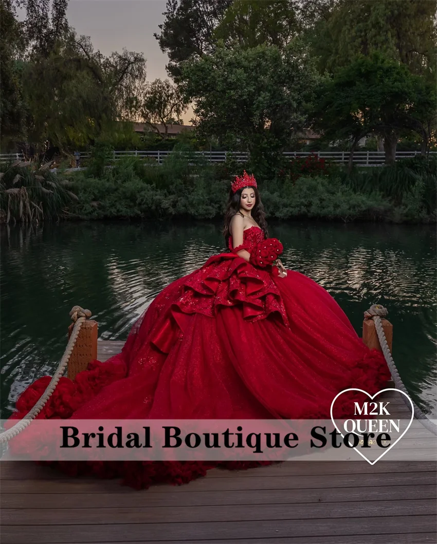 Luxury Red Quinceanera Dress With Bow Appliques Beads Diamonds Tiered Ruffle Court Train Ball Gown Vestido De 15 Bow