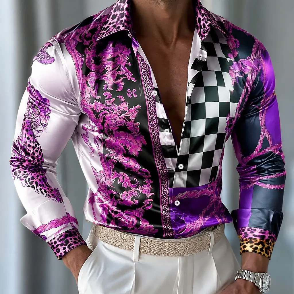 Men's Colorful Tiger Check Shirt Long Sleeve Casual Fashion Casual Vacation Party Evening Wear Daily Satin Shirt Dress Shirt