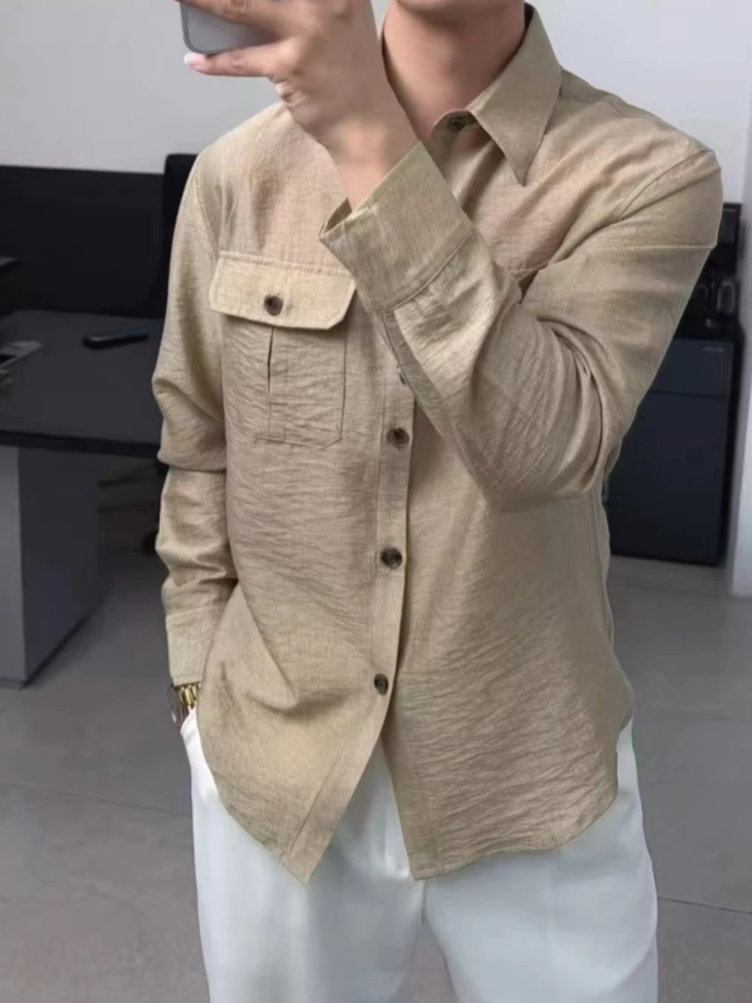 

Мужская приталенная рубашка из шелка и льна: универсальная, модная, высококачественная, новинка сезона Весна-Лето, с длинным рукавом, для делового стиля.