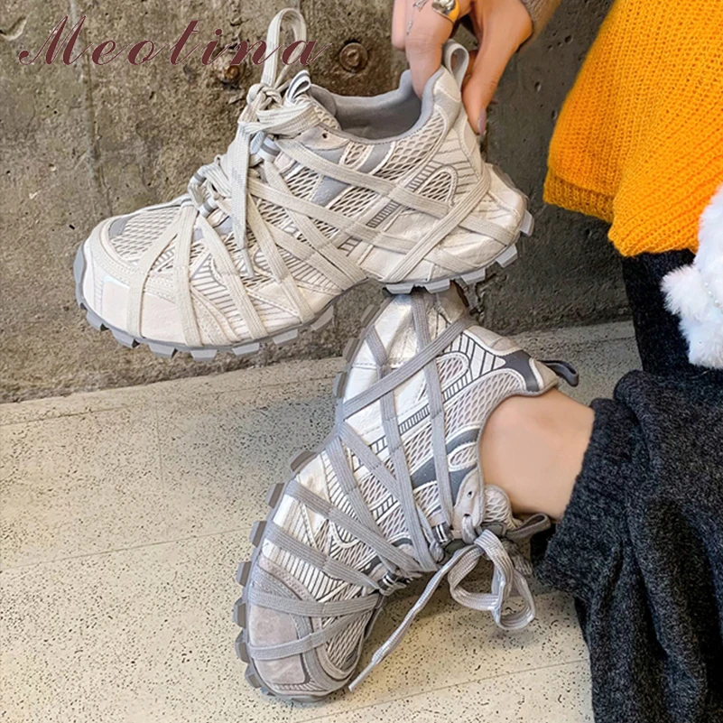 Meotina Women Genuine Leather Sneakers Round Toe Lace-up Flats Concise Ladies Fashion Casual Shoes Spring Autumn Apricot 40