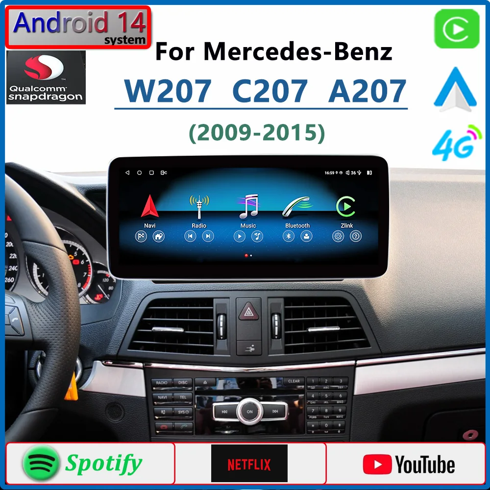 W207 A207 C207 Android 14 Qualcomm For Mercedes Benz Class E300 E260 E220 Car Radio GPS Navigation CarPlay Multimedia Player