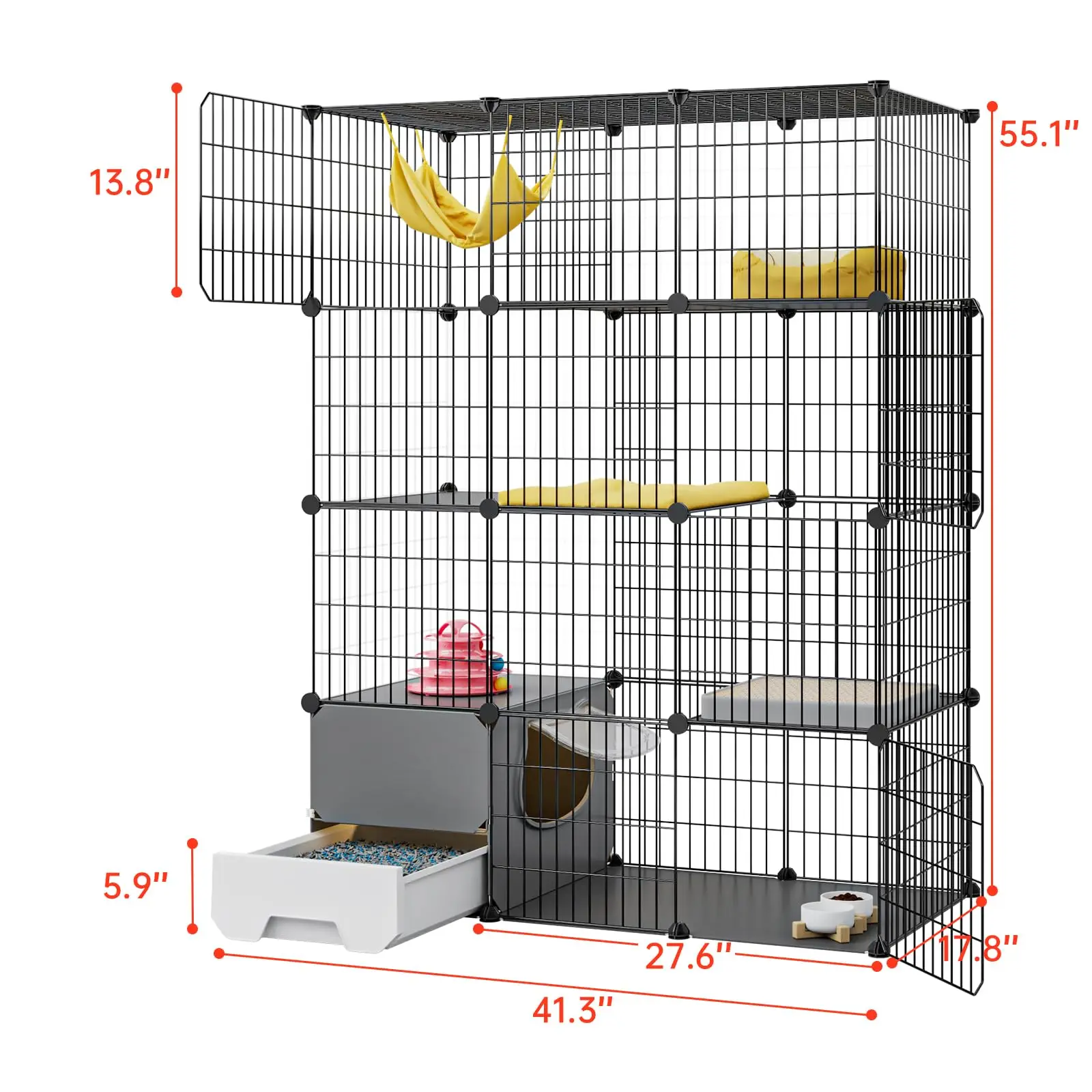 Large Cat Cage with Litter Box, 4-Tier DIY Enclosures Detachable Metal Wire Kennel Indoor Crate Large Exercise Place