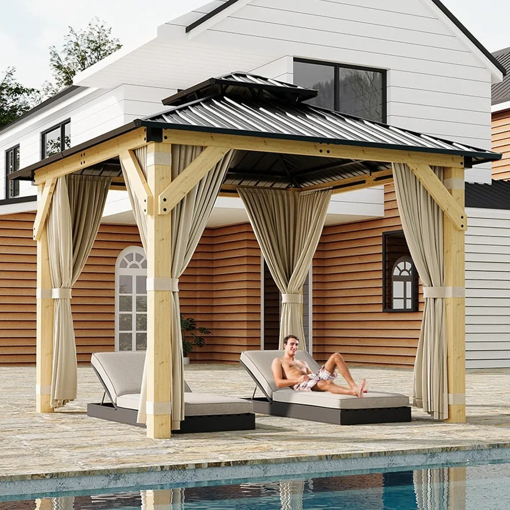10x10 FT Wood Gazebo, Upgrade Spruce Frame and Double Galvanized Steel Roof, Hardtop Gazebo with Nettings and Curtains, Custom