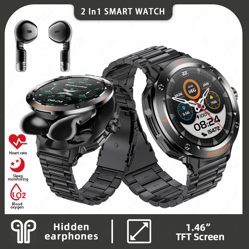 

LIGE NFC Smart Watch with TWS Bluetooth Earphones Heart Rate Blood Pressure Health Monitoring Earbuds Call Music Smartwatch Men