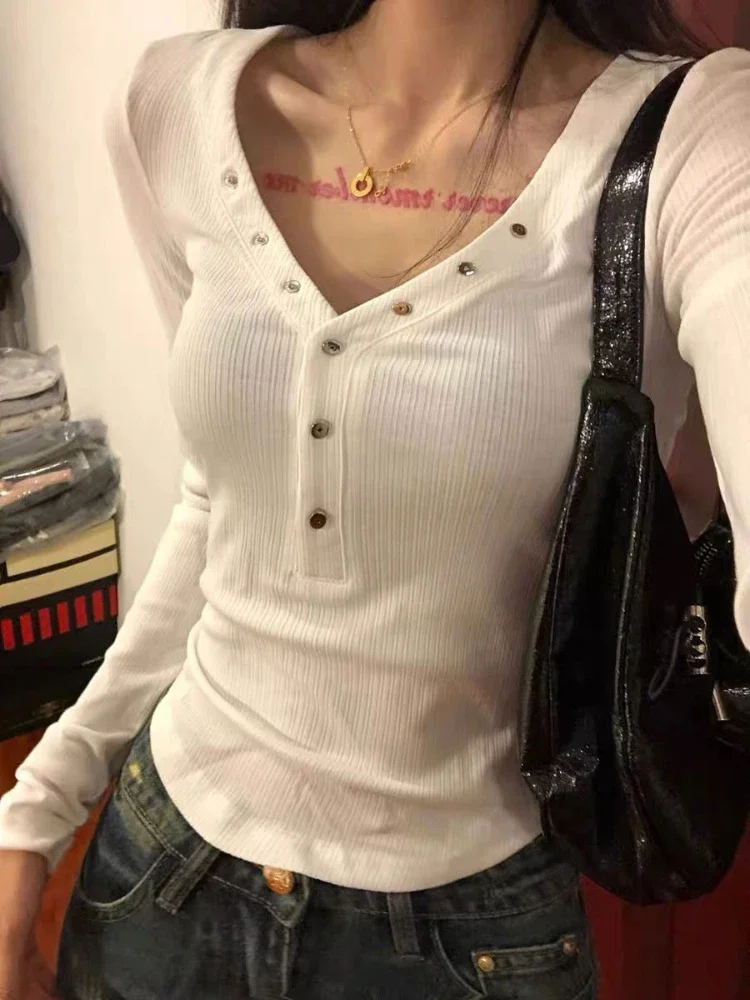 American V-neck T-shirts Women Slim Fashion Vintage High Street Solid Femme Gothic Punk Style Hipster Casual Long Sleeve Sexy