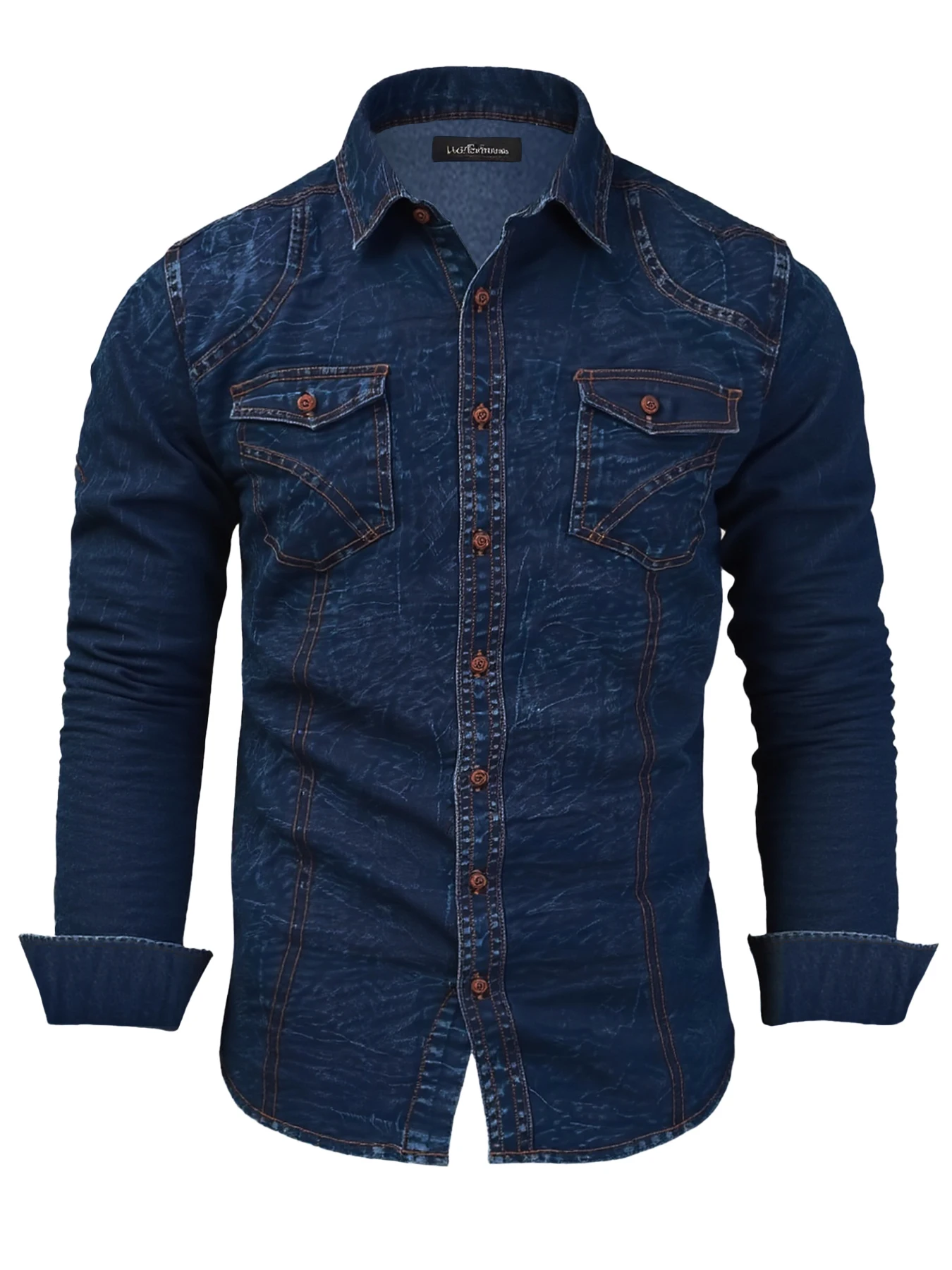 Men's denim shirt, long-sleeved lined with dark blue denim, fashionable top, new trendy style, casual washing pro