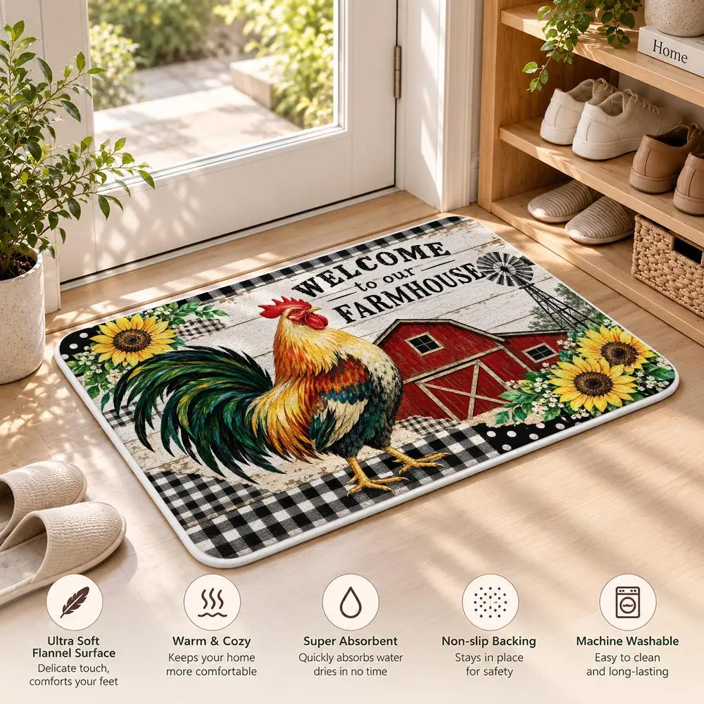 Farmhouse Rooster Floor Mat Flannel Rug Soft Non Slip Door Mat for Bathroom Bedroom Entryway Home Decor Gift 4