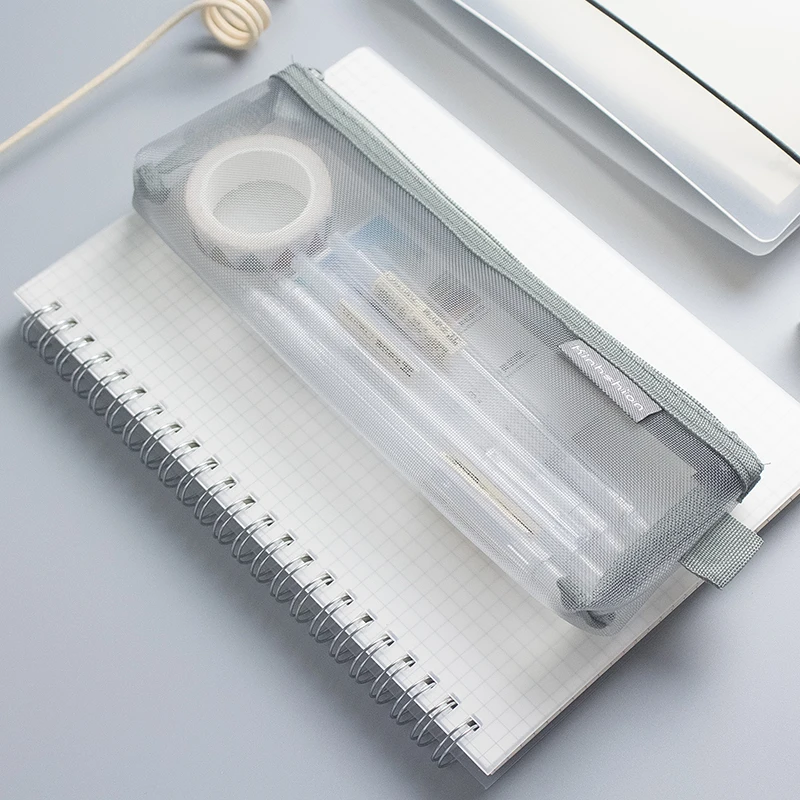 Simple Transparent Mesh Pencil Case Pen Storage Student Pencil Bag Large Capacity Stationery Organizer Pouch School Supplies