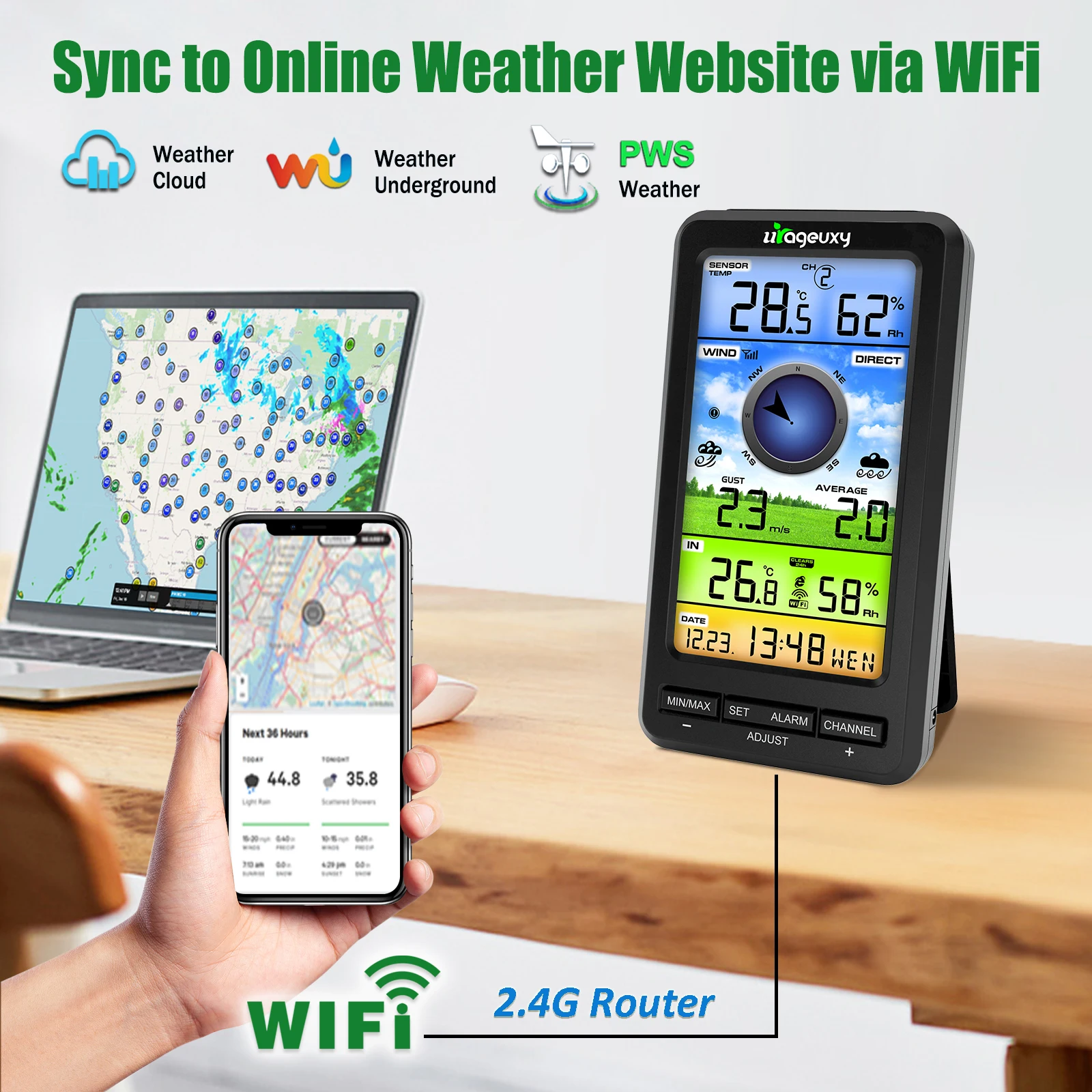 WiFi Anemometer Weather Station - Smart Wireless Wind Speed/Direction Sensor Indoor/Outdoor Thermometer Hygrometer with Online