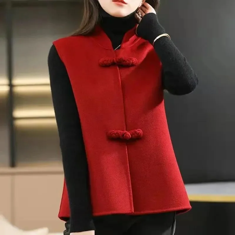 

Lady Stand-up Collar Vest Woolen Jacket Spring Autumn Femme Waistcoat Wool Coat Korean Women Fashion Sleeveless Blend Vests