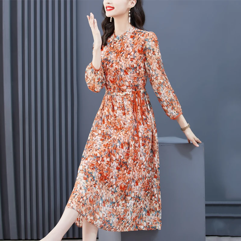 

2023 New Fashion Printed Dress Women's Autumn Versatile Fragmented Flower Knee Length Dress French Loose Fit Party Vestidos