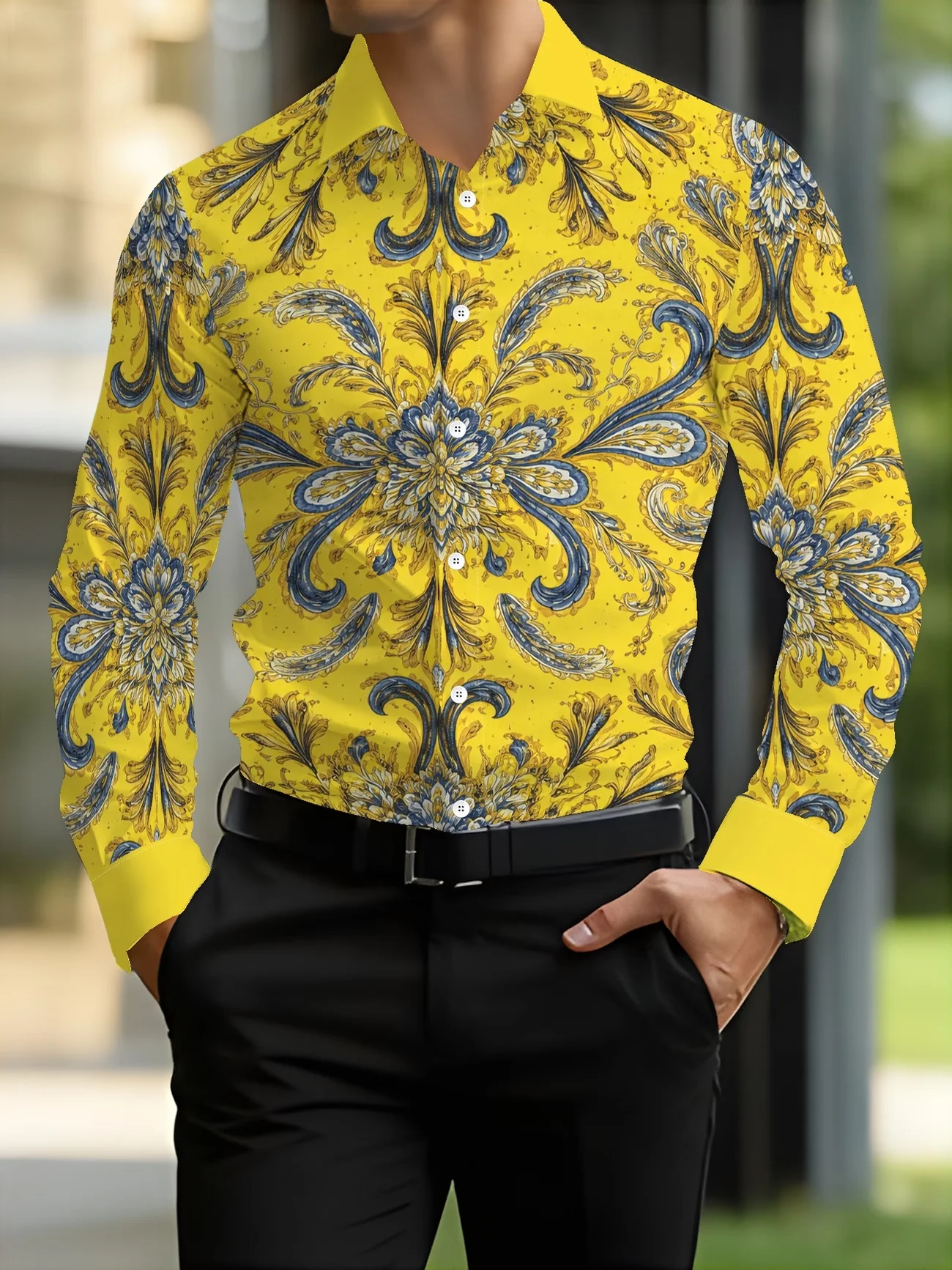 New Purple Coffee Contrasting Geometric Grid Print Men's Long Sleeved Shirt, Business Casual Versatile Shirt