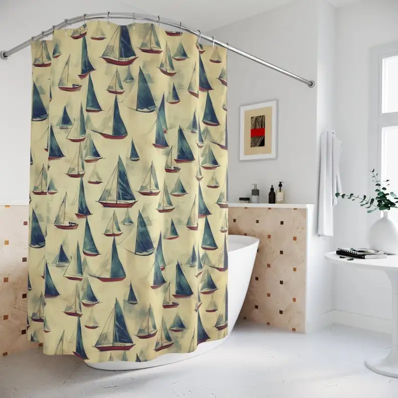 

Vintage Sailboats Shower Curtain: Nautical Coastal Bathroom Decor