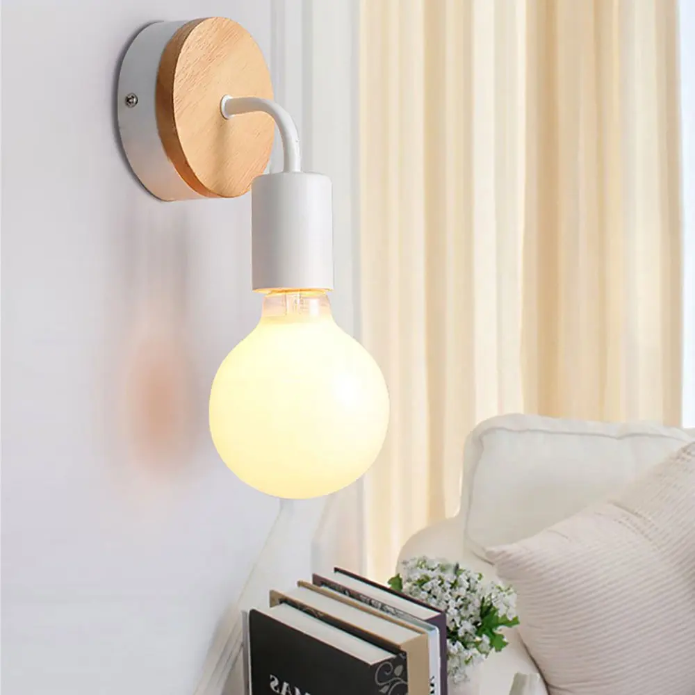 

Nordic handmead Wood Wall Lamp Modern Sconce Home Bedroom Light Fixture Retro Wall Light Decor Dedside Lamp Black White 1/2 PCS