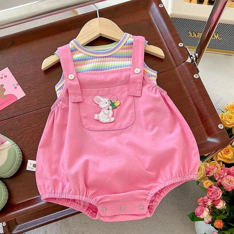 

Adorable Korean Sle Baby Girl Summer Outfit Set Overall Clothes Parent-Child Matching Home Clothes Super Cute Baby Rer