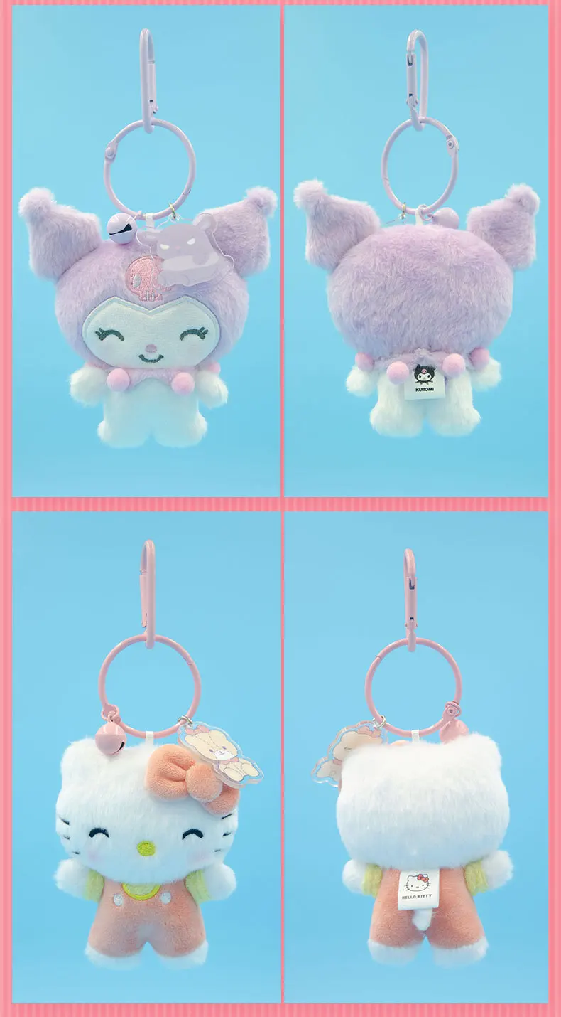 Original Sanrio lizenzierter Plüsch-Schlüsselanhänger aus der Bell-Serie, niedlicher Cartoon-Charakter-Anhänger mit Acryl-Tag, weicher, flauschiger Rucksack-Charm. – Detail 6