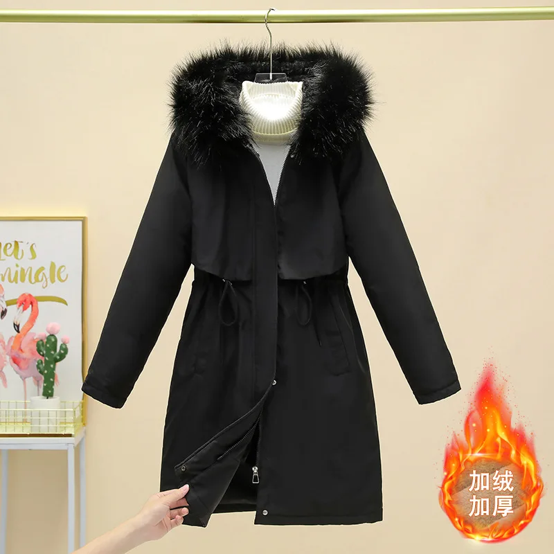 Fleece Thicker Pie Overcome Women Winter Jacket 2025 New Mid Long Korean Loose Big Fur Collar Hooded Coat Female Cotton Clothes