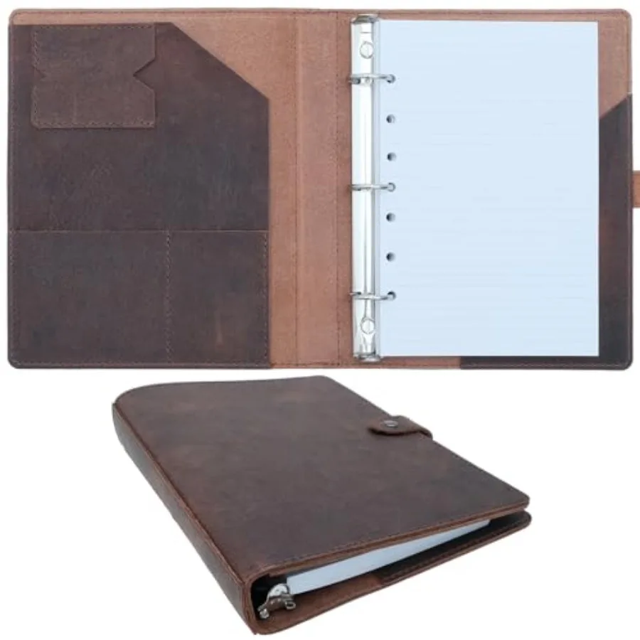 

Lined Leather Journal 100 Sheets of College Ruled Paper 5.5"x8.5" 1" 3-Ring Mini Binder Interior Pockets Refillable