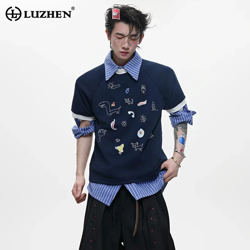 

LUZHEN Original Fashion Cute Pattern Embroidery Short Sleeve T-shirts Men 2025 Summer Round Neck High Quality Casual Tops JY2321