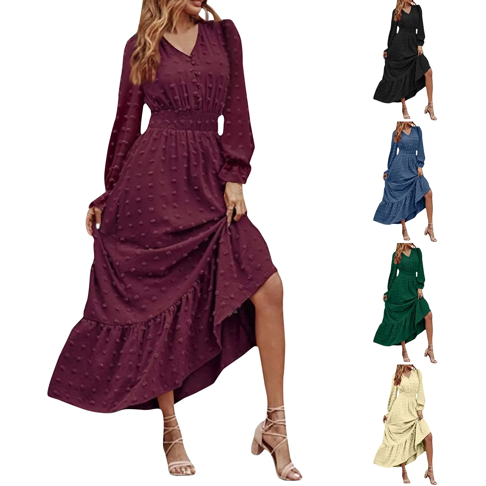 فستان نسائي طويل الأكمام بوهو طويل ، مرن ، خصر ضيق ، خليط ، حرف A-line ، نقطة ، تنحنح فضفاض ، طول الكاحل ، الربيع ، الخريف