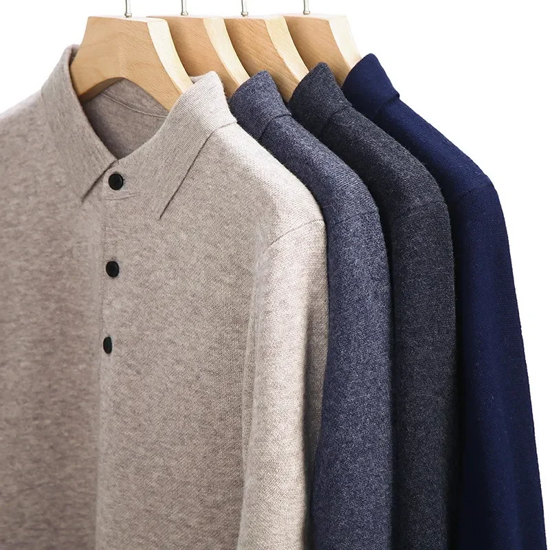 Cashmere Cotton Blend Polo Collar Sweater Men Tops 2024 Autumn Winter Mature Male Business Casual Turndown Knitted Wool Pullover