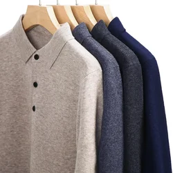 Suéter con cuello tipo Polo de mezcla de algodón y Cachemira para hombre, Tops informales de negocios para hombre maduro, Jersey de lana de punto 2024
