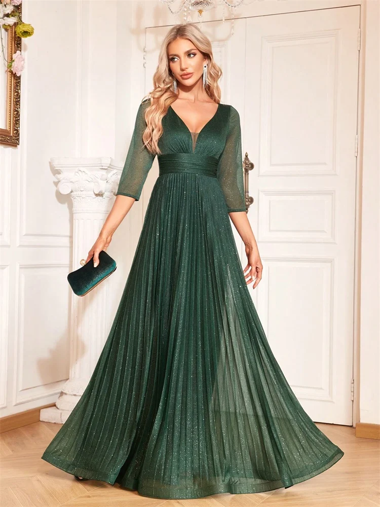 BLUEPLUM Luxury Long Sleeve Formal Evening Dress V-Neck Floor-Length Gown Women Elegant Party Chiffon A-line Prom Cocktail Dress