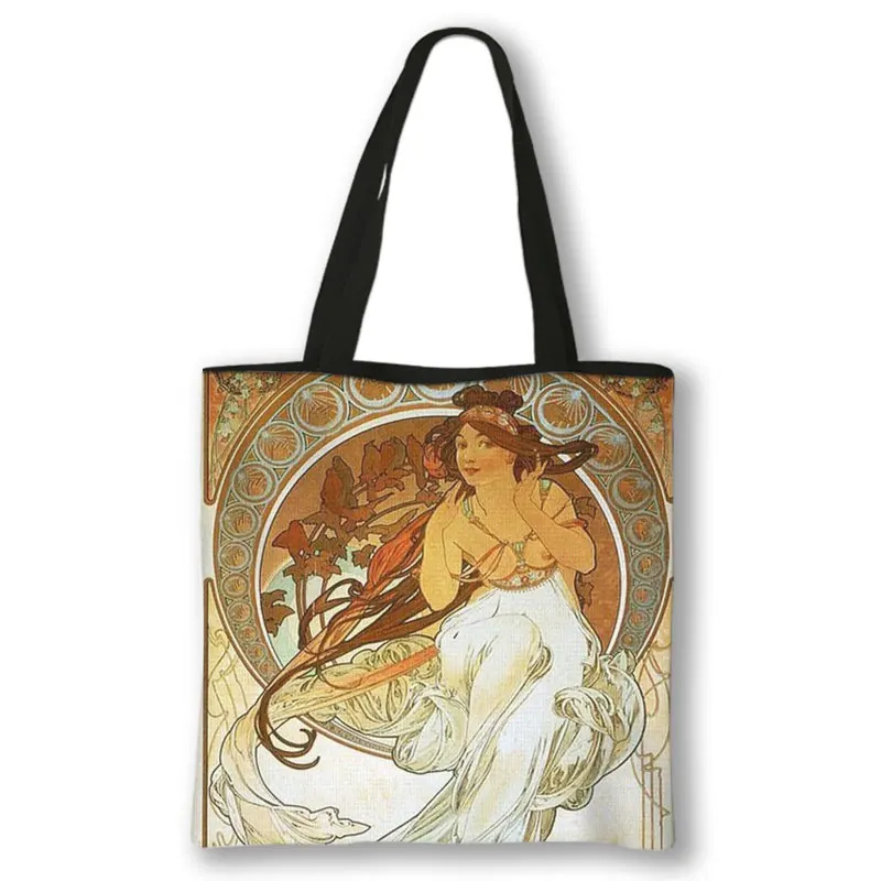 Oil Painting By Alphonse Mucha Print Shoulder Bag Women Totes Bags Large Capacity Casual Handbag Reusable Shopping Bags Gift