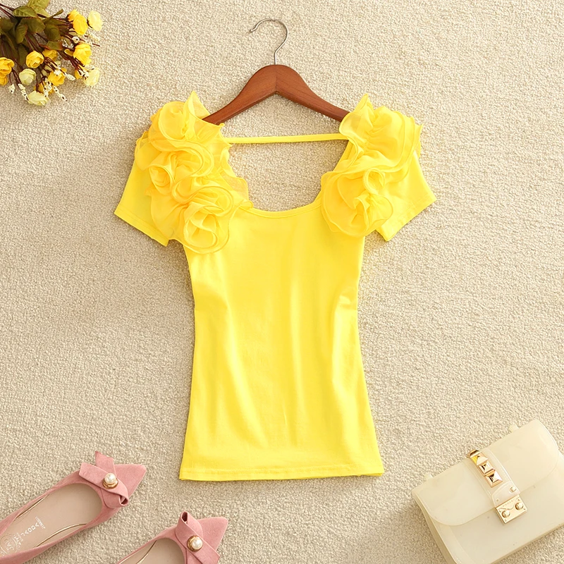 Summer Women's round Neck Ruffle Sleeve Slim Fit Short Sleeve T-Shirt Backless Bubble Sleeve Base Shirt Versatile Top T