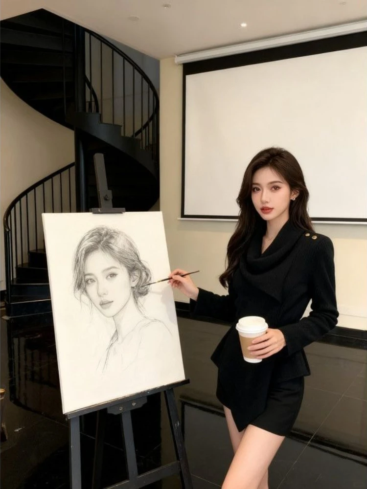 الفرنسية أنيقة عالية الرقبة متماسكة المرأة الخريف الشتاء سليم صالح مربوط سترة مجموعة براون متوهج كم شيك عادية مكتب نمط