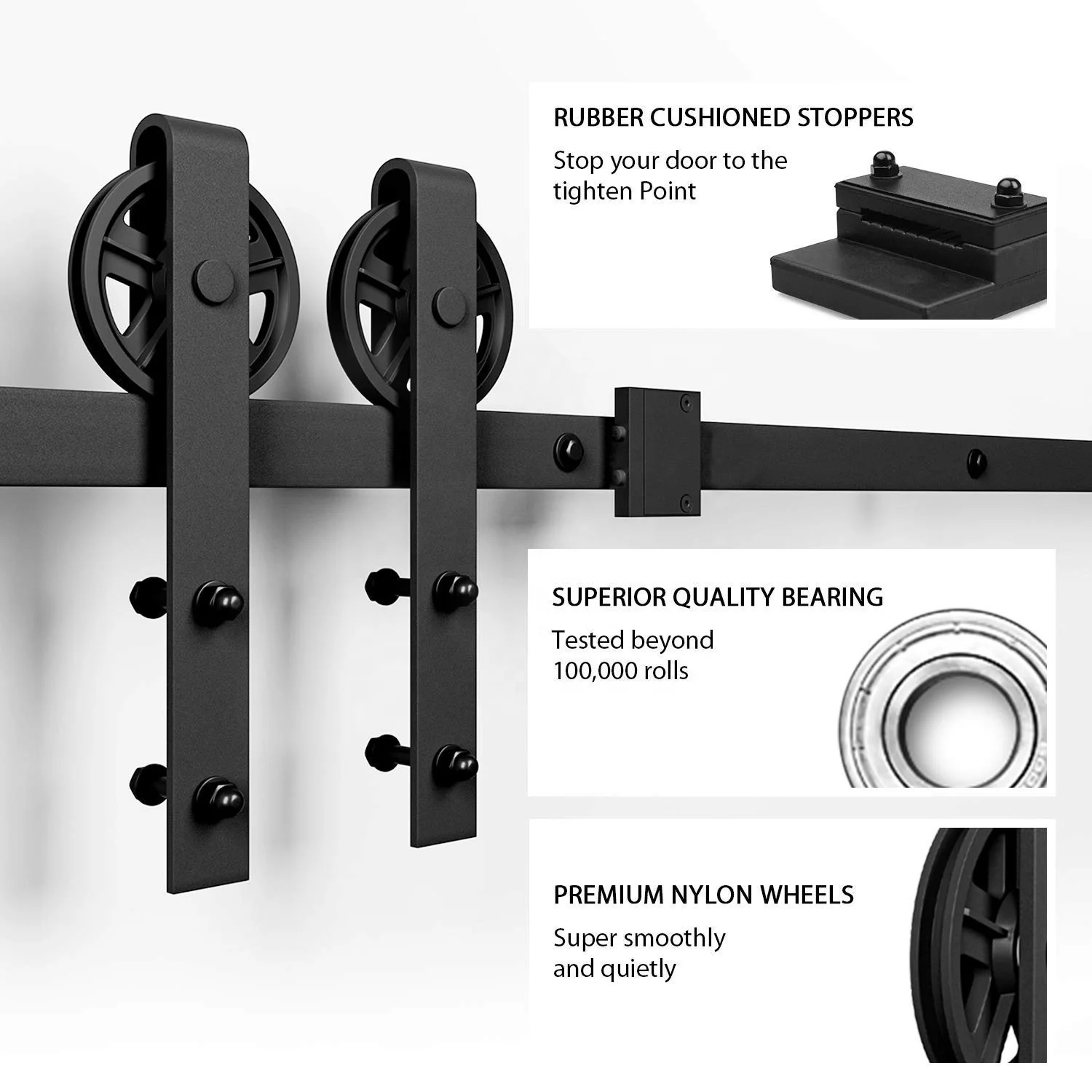 Modern Big Wheel Interior Carbon Steel Sliding Wood Barn Door Hardware Kit Easy Screw Barn Door Track System view 3