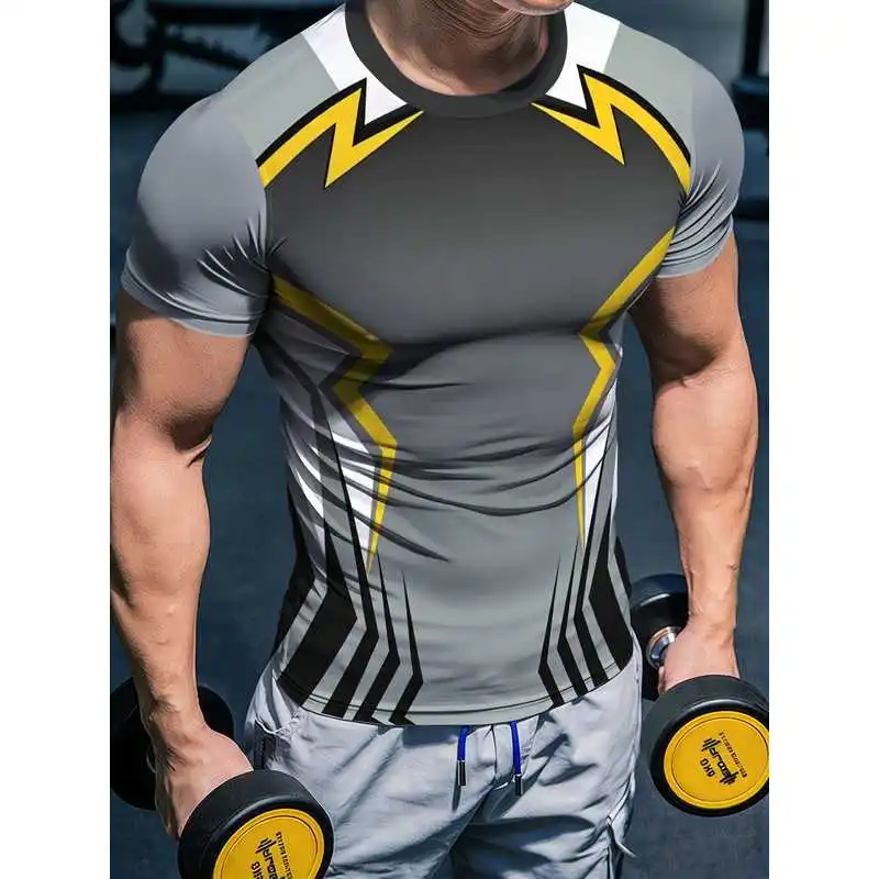 T-shirt de fitness pour homme à manches courtes, style athlétique, gris, noir, jaune, avec lignes contrastées, séchage rapide, extensible, pour la musculation.